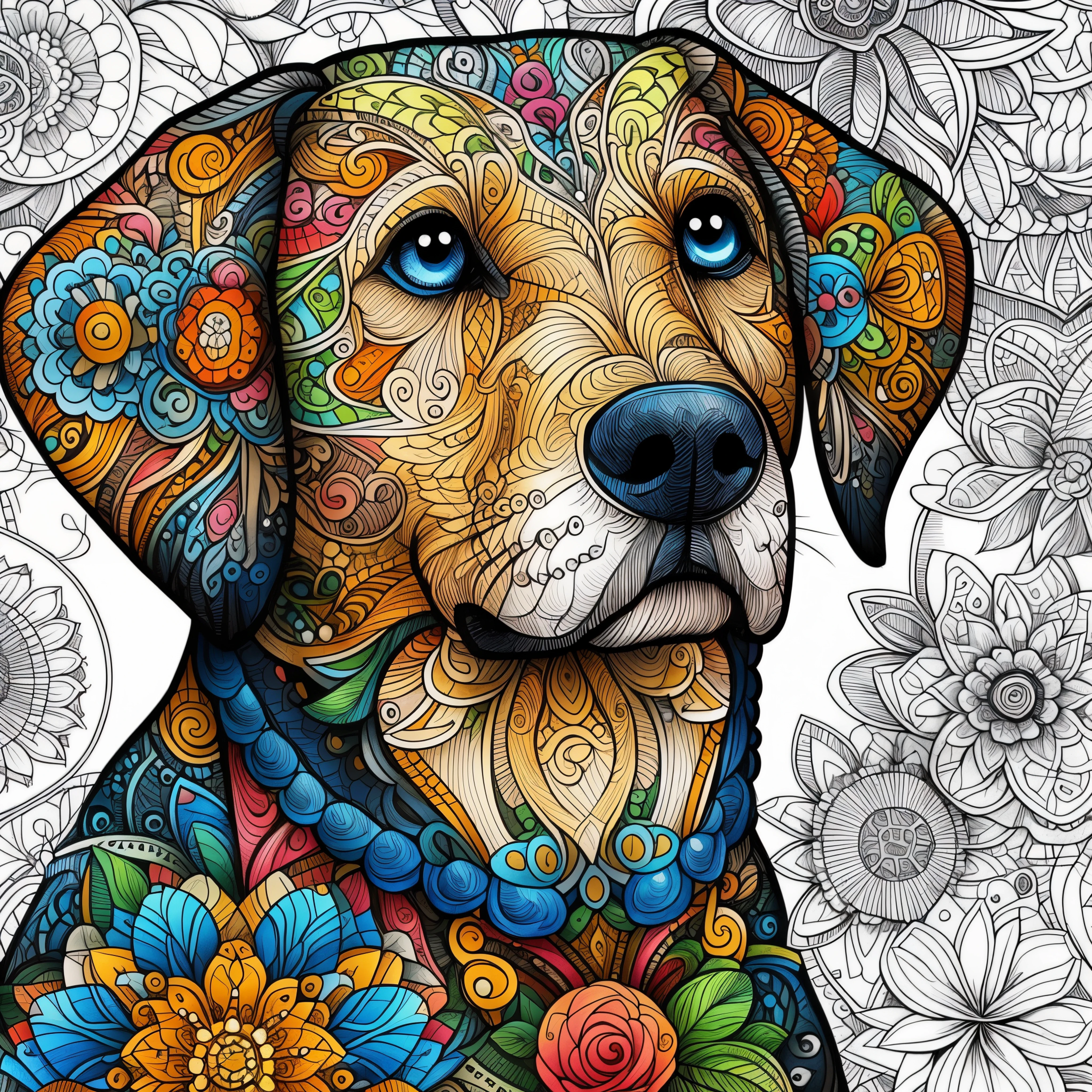 flower dog coloring book, Full of color and rich details, Overly detailed art, detailed digital artwork, digital art. very detailed, very detailed illustration, intricate artwork masterpiece, digital art highly-detailed, intricate artwork, very detailed digital art, insanely complex, very intricate details, super detailed color art, intricate detailed digital art,black background
