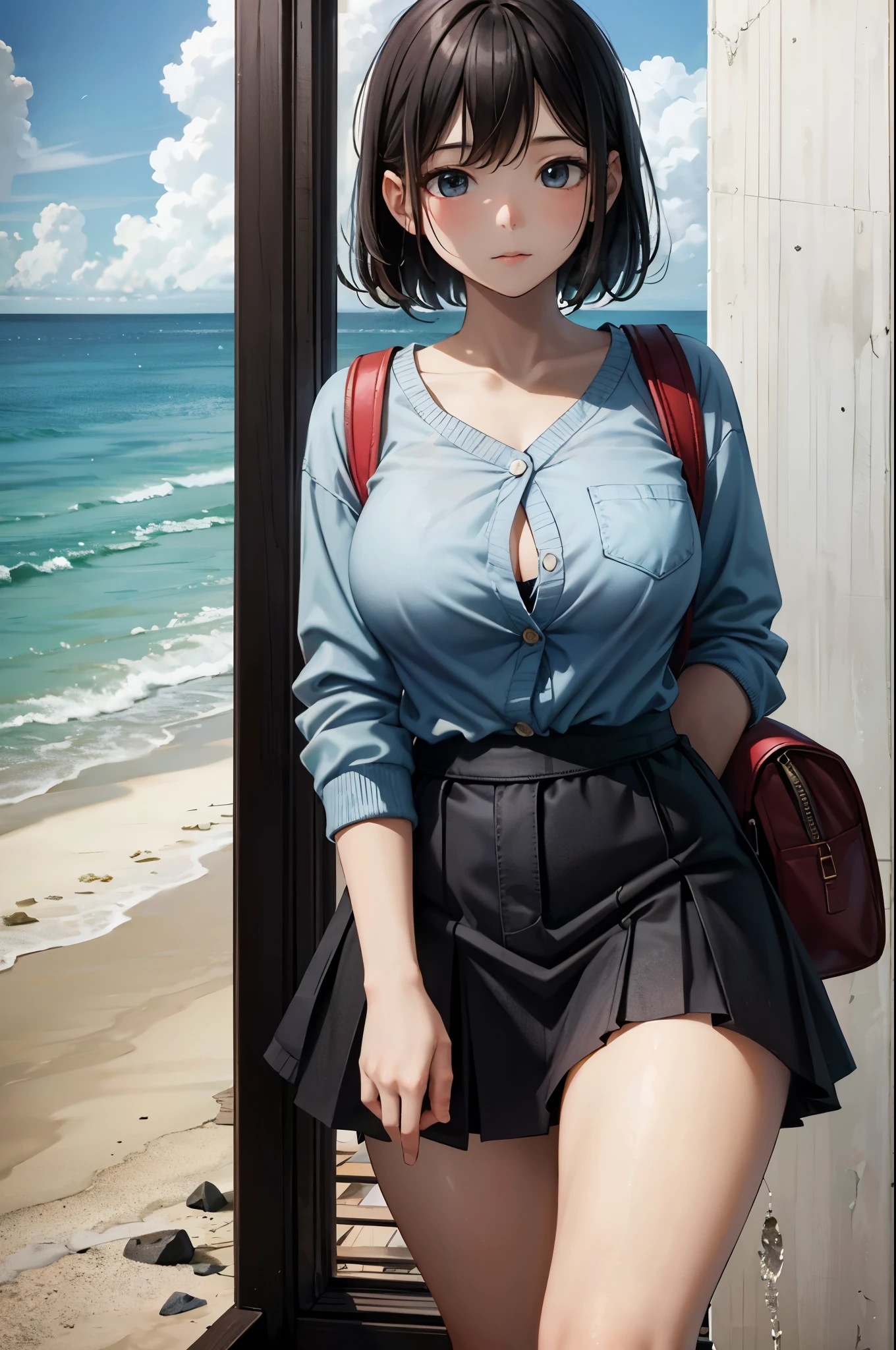 masterpiece, highest quality,2女of子,若い女of子, Mocha Eyes, gray, 途切れ途切れofボブ,sleepy _face,つやofある肌,big breasts,素敵な脚ofライン:1.3,thick thighs, thin waist,, pink_knit_cardigan, white_button up_shirt, Ocean軍_green_A-Line_skirt, white_canvas_sneakers, black_hair_clipped, black_Backpack, , cliff_look around_of_Ocean,,looking at the viewer,cowboy shot,dynamic angle