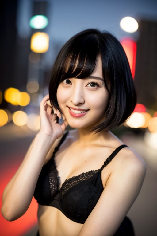  portrait, laughing, 22 years old female wearing bikini, looking at viewer, cinematic, 8k, best quality, masterpiece, hard lighting, amazing eye detail, prefect eyes, black eyes lots of fine detail, ((black hair)), sci-fi movie style, outdoor (in the Tokyo city) night photo, photography, natural light, photorealism, cinematic rendering, ray tracing, the highest quality, the highest detail, Cinematic, Third-Person View, Blur Effect, Long Exposure, 8K, Ultra-HD, Natural Lighting, Moody Lighting, Cinematic Lighting, 