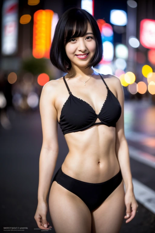  portrait, laughing, 22 years old female wearing bikini, looking at viewer, cinematic, 8k, best quality, masterpiece, hard lighting, amazing eye detail, prefect eyes, black eyes lots of fine detail, ((black hair)), sci-fi movie style, outdoor (in the Tokyo city) night photo, photography, natural light, photorealism, cinematic rendering, ray tracing, the highest quality, the highest detail, Cinematic, Third-Person View, Blur Effect, Long Exposure, 8K, Ultra-HD, Natural Lighting, Moody Lighting, Cinematic Lighting, 