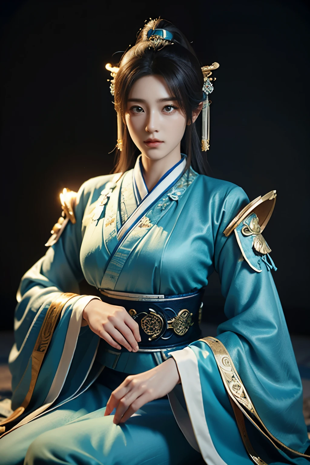 Game art，The best picture quality，Highest resolution，8K，(A bust photograph)，(Portrait)，(Head close-up)，(Rule of thirds)，Unreal Engine 5 rendering works， (The Girl of the Future)，(Female Warrior)， 
15岁少女，(The generals of ancient China)，An eye rich in detail，(Big breasts)，优雅高贵，冷漠，勇敢的，
(Wearing ancient Chinese cloth，Chinese Hanfu，Costumes of the Tang Dynasty，Costumes are rich in detail，Simple shades)，中国人物，奇幻风格，
拍照姿势，野外背景，Movie lights，Ray tracing，Game CG，((3D Unreal Engine))，oc渲染反射纹