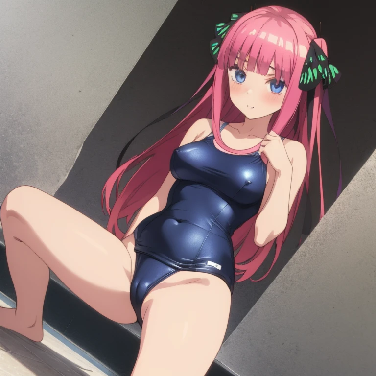 masterpiece, best quality, ultra detailed, best illustration, nsfw, 1girl, one-piece swimsuit, nino, pink hair, butterfly hair ornament