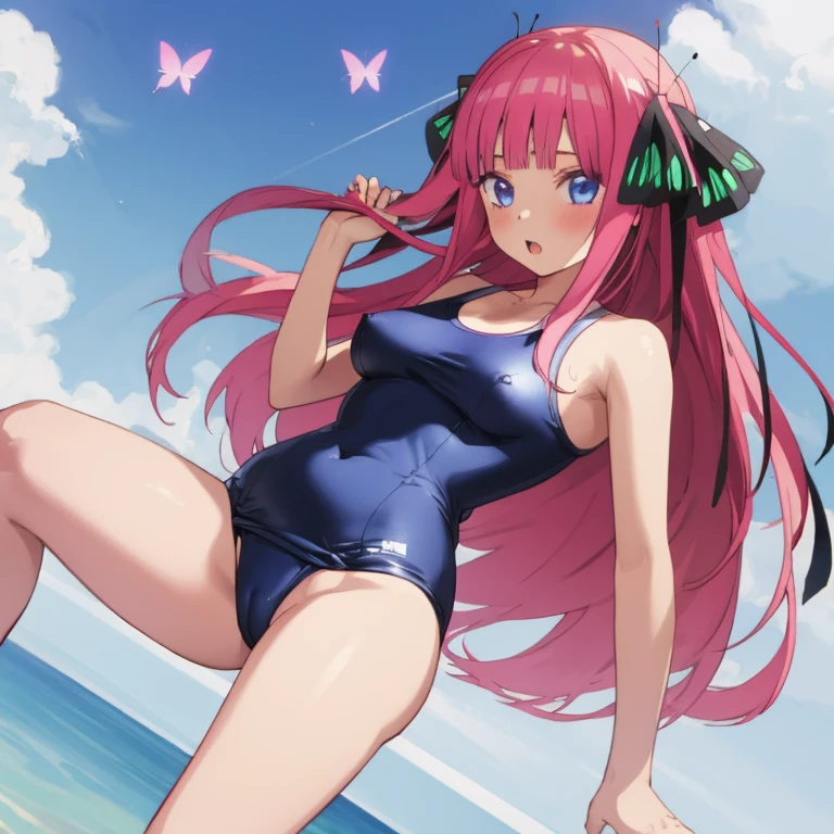 masterpiece, best quality, ultra detailed, best illustration, nsfw, 1girl, one-piece swimsuit, nino, pink hair, butterfly hair ornament