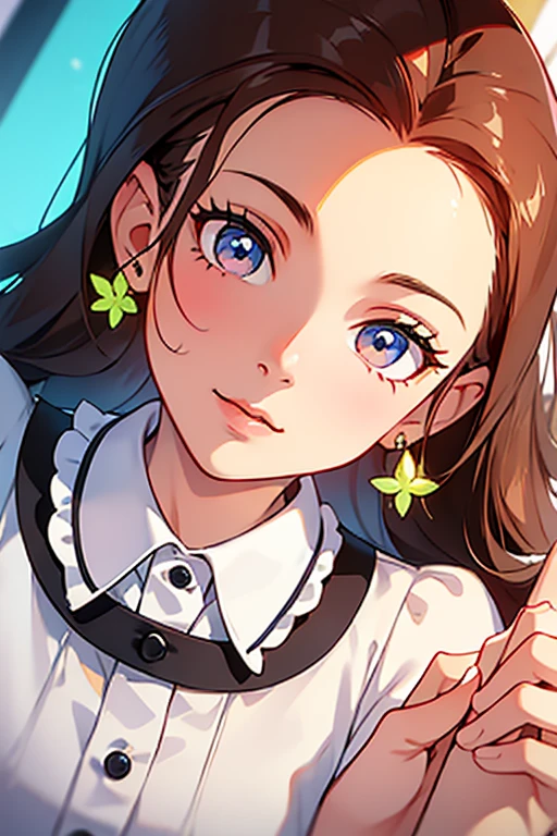 1 chica, hermosa chica, Piel clara , modelo adolescente , chica adolescente , 15 years, senos medianos , Ojos realistas, pecas en mejillas y nariz , gran sonrisa , Ojos azules hermosos y grandes, brown long hair , pony tail , neon lights, neon girl, neon wallpaper, imaginario, Fondo de pantalla 8K, Light and cool lighting, foto realista, celda sombreada, Gel lighting, ultra detalles, viste camisa blanca con una flor en el pecho , falda amarilla con dibujos de cuadros , calcetas blancas , mocasines color cafe , maquillaje , labios rojos