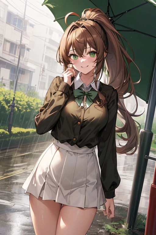 masterpiece, highest quality, official art, (Highly detailed CG Unity 8K wallpaper), detailed background, (Hand made：Guido Daniele: 1.1), legs stick out from frame, first person perspective, 1, charming and perfect beautiful woman, high school girl, JK, high school girl Uniform, Wet day, a lot of rain, the wind is strong, (Curvaceous), ( white thighs: 1.12), (Brown long hair: 1.12), (Ahoge (1.13), (high ponytail: 1.12), (green eyes: 1.13), (smile: 1.11), Information-related professional student、Otaku、headgear、character keychain,Rustic