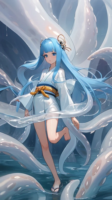 {{{{amazing quality, great quality, high quality, very aesthetic, aesthetic, best quality}}}},
realistic, photo, shadow, Three-dimensional, absurdres, Digital art,
{{{{Magical girl}}}}, beautiful girl, one girl,
light blue hair, long straight hair, hair, trimmed hair, shiny hair, blunt bangs, short sideburns,
blue eyes, tareme,
{{flat chest}}, {{small breasts}}, {{detailed body}}, slim thighs, thin thighs,
{{white mini kimono}}, {{yellow kimono obi}}, {{skull-shaped hair ornament}}, {{barefoot, Geta for women}}, No panties, no bra, torn clothes, wet clothes, melted clothes, damaged clothes, take off one's clothes, transparent clothes, half-naked, cloudy liquid, Immerse yourself in the cloudy liquid up to your waist, tentacle bath, Attacked by white squid tentacles, bound by squid tentacles, caught by white squid tentacles, Caught in white squid tentacles, white squid tentacles caress my nipples, white squid tentacles caress my crotch, defeat, inferiority, sexual pleasure, troubled face, shy, orgasm, trembling, disheveled hair, groin, groin, Peeing, restrain the arms, restraining legs, clothed sex, Intercrural legs, rape, bind, Massaged by squid tentacles, Mangled by squid tentacles, upper body,