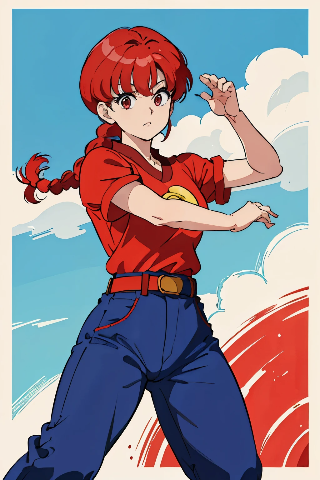 (8k, Foto RAW, La mejor calidad, Obra maestra:1.2), Ranma Chan, Ranma Red Shirt, red hair, braided belt, blue pants, martial art
