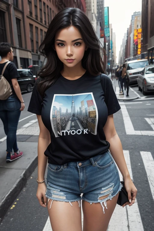 A beautiful girl wearing a T-shirt with a new york city map printed on it is standing on the street.gigantic breasts