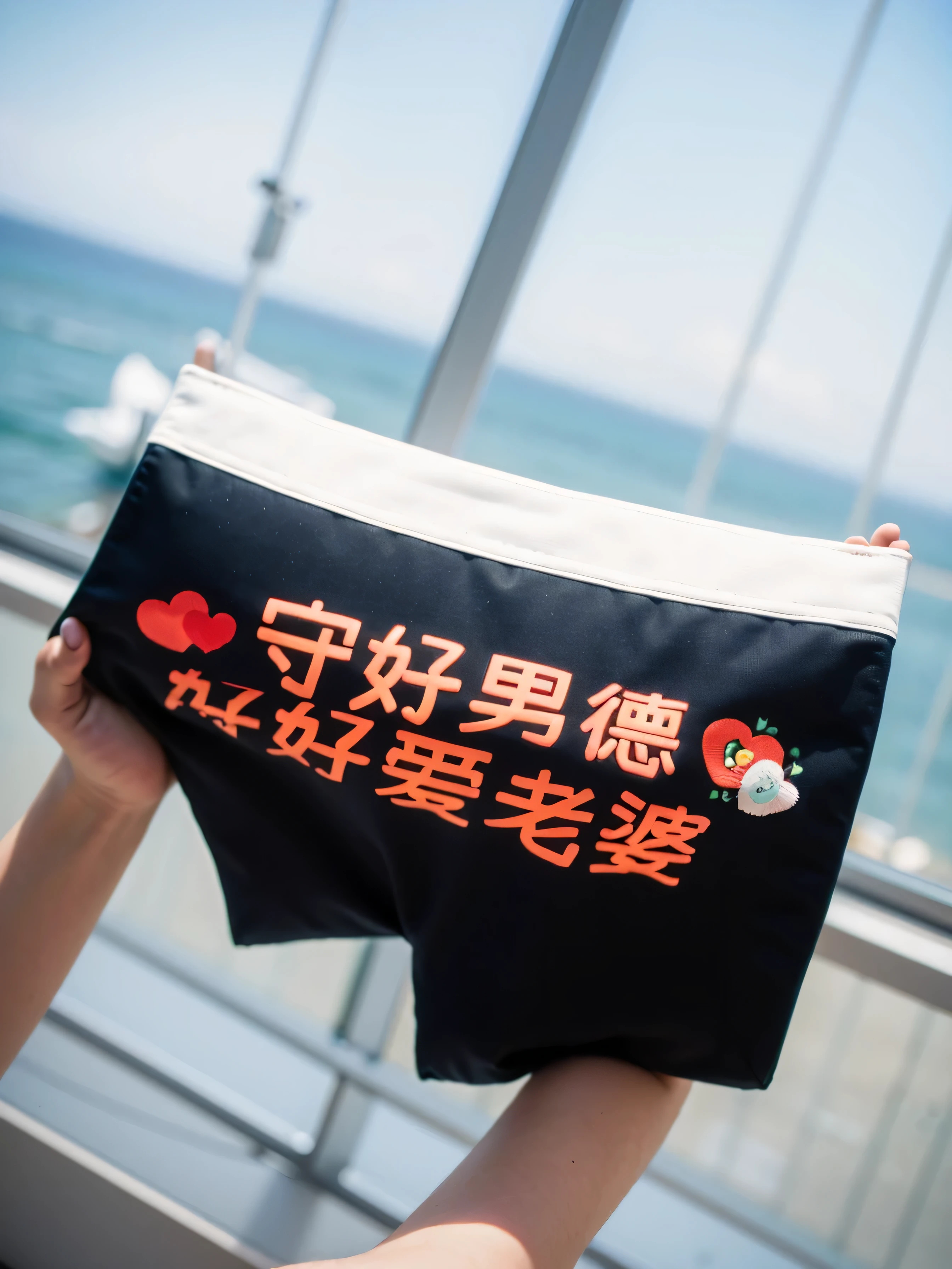 One hand holding boxers， ( Hotel floor-to-ceiling windows, City：0.7, seaside：1.2) ，Vision，background bokeh