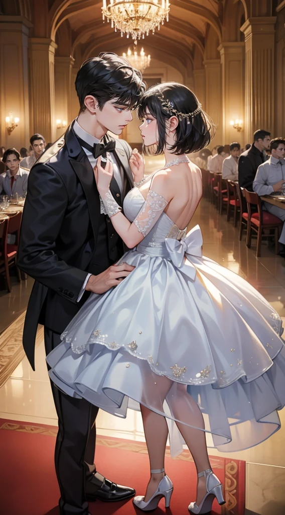 Romantic couples look at each other, The man picks the woman up, a mature man with black hair,Girl with short black hair with tassels (Soft smile, Shy),Different heights ((Men are taller)), glowing stars,Glow effects, the night,In the banquet hall,The face is clear and accurate,detail in face,super-fine,Castle,16K resolution,High quality, High picture detail,dynamic viewing angle,Epic shooting,oc rendered, Dance Floor, Detailed light, detailed shadow