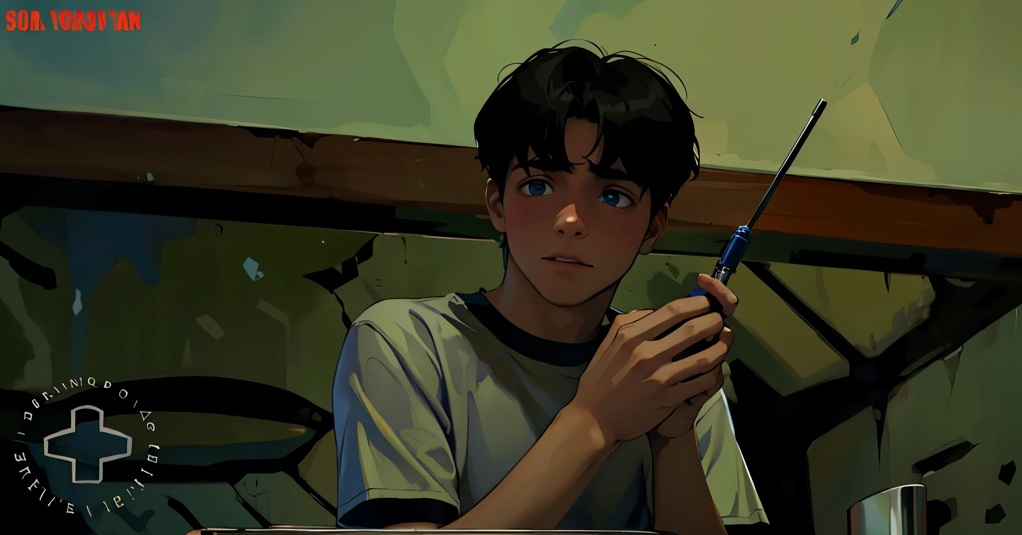 15 year old boy is looking scared at his friend, tiene cabello color azul