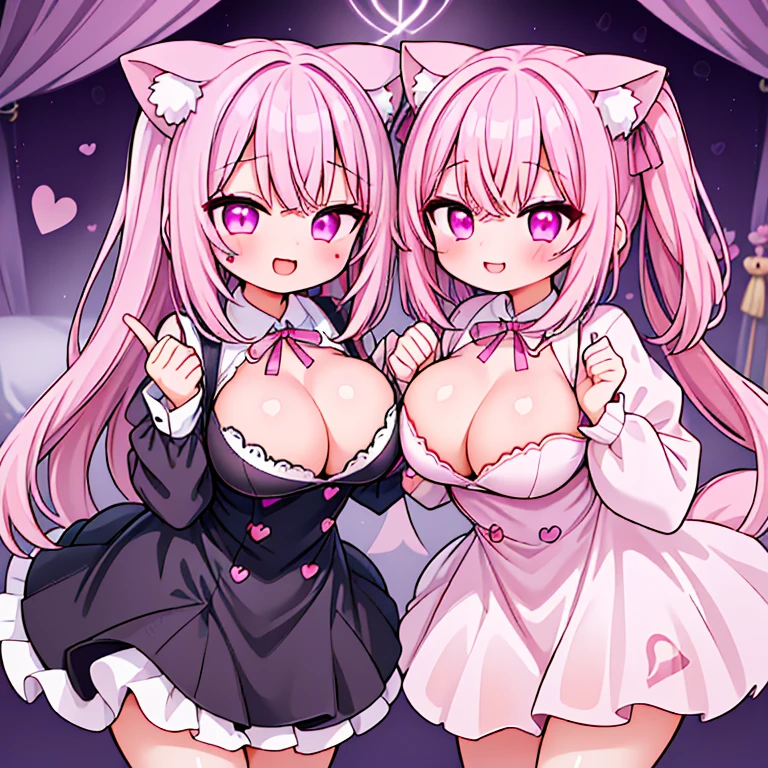 detailed、超detailedな、masterpiece、highest quality、beautiful feces、detailed eye、 (two girls:1.4)、Two succubi、(twins:1.2)、(night:1.2)、short haired、(pink ribbon:1.1)、(two side up)、pink tie、pink bra、earrings、(school uniform.1.1)、suspicious face、light pink hair、(Pink Room)、malicious smile、Bruises and ugly facial features、young features、(:1.2)、long sleeve、(fluffy sleeves fluffy hair、(open your mouth and smile)、Elementary school girl、low length、Chiquita、big breasts、 big 、(Put your hands on your face)、Burikko、Ruffled uniforms、Barrette、(laugh at:1.1)、look down、view from below、Being looked down upon by girls、(view from below:1.2)、super huge boobs、(Pink heart symbol:1.5)、(lump of heart:1.5)、(heart effect:1.5)、(heart mark:1.5)、devil's tail、devil's tail、Succubus、(super huge :1.3)、 big 、(heart tattoo:1.dare、devil's tail、breast matching
