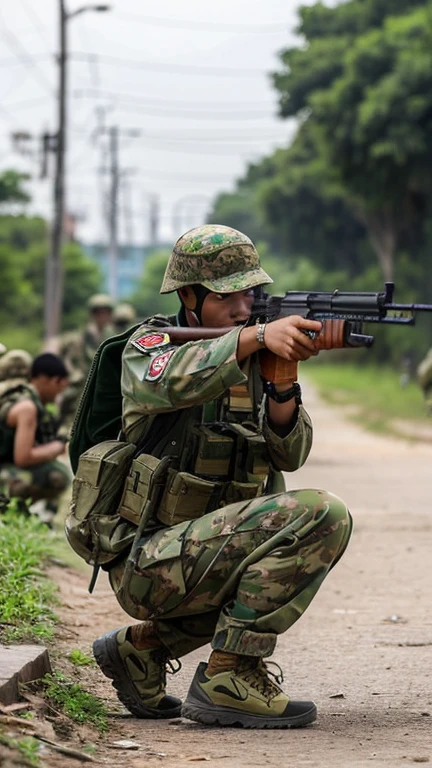 a Malay soldier is shooting using an AK-47 firearm while squatting wearing a green camouflage shirt facing to the right with people fighting in the background
