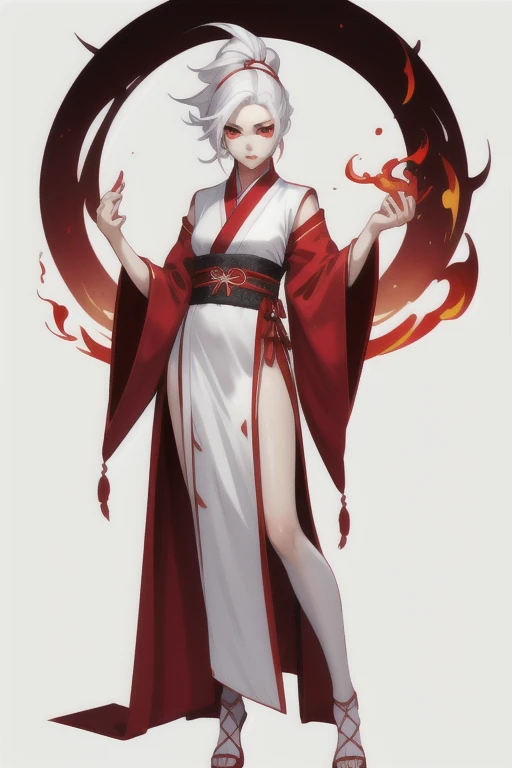 masterpiece,Flame Lingji,white hair,red eyes,full body picture,Hanfu,White and red clothes color matching,High heel,