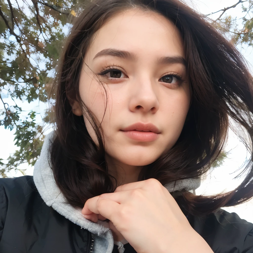 um close up de uma mulher com cabelos longos usando uma jaqueta preta, beautiful aesthetic face, com rosto redondo, belo rosto redondo, Ulzzang, rosto perfeito ), Rosto extremamente lindo, pale round face, Korean facial features, young lovely korean face, linda mulher sul-coreana, pale skin and dark eyes, south east asian com rosto redondo, beautiful fine facial features