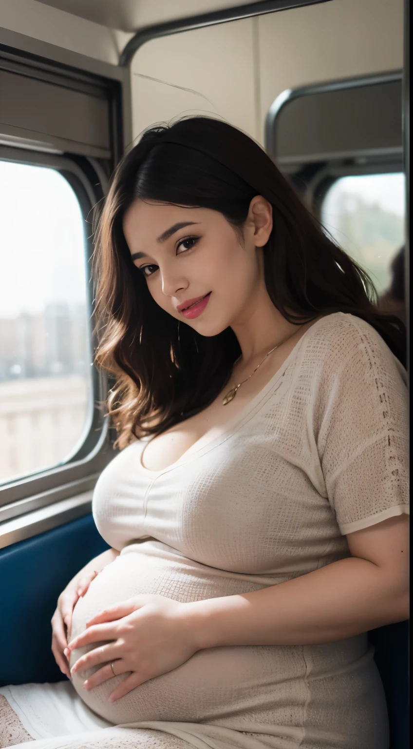 1 woman, selfie, smile, full body, obesity: 1.2, middle-aged woman: 1.3, slightly chubby face: 1.3, beautiful woman: 1.3, (dark brown hair), big breasts, (heavily pregnant), loose dress: 1.3, loose clothes, super detailed face, detailed eyes, double eyelids, blurred background, full fingers, good fingers, on the train,