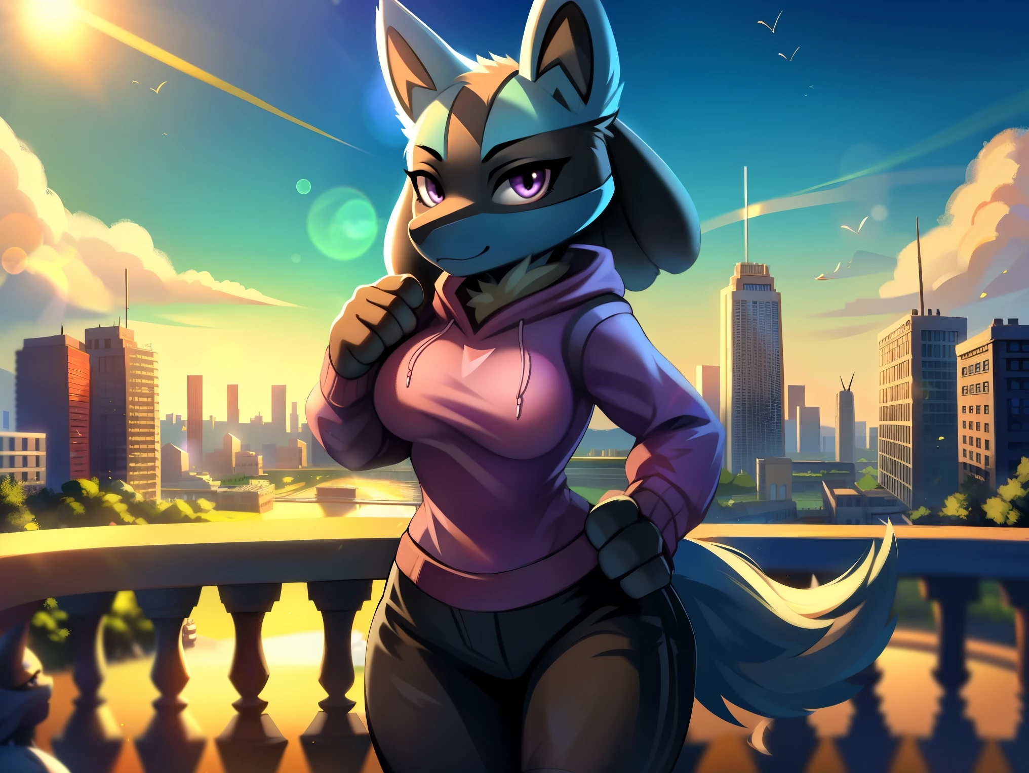 ((lucario)), ((solo)) wolf, blue fur, spikes, breasts, purple hoodie, black pants, looking at viewer, potted plants, decorations, standing, up close, on balcony, city view, blue sky, sun, sunny day, lens flare, Very good figure, cinematic lighting, volume lighting, masterpiece, best quality