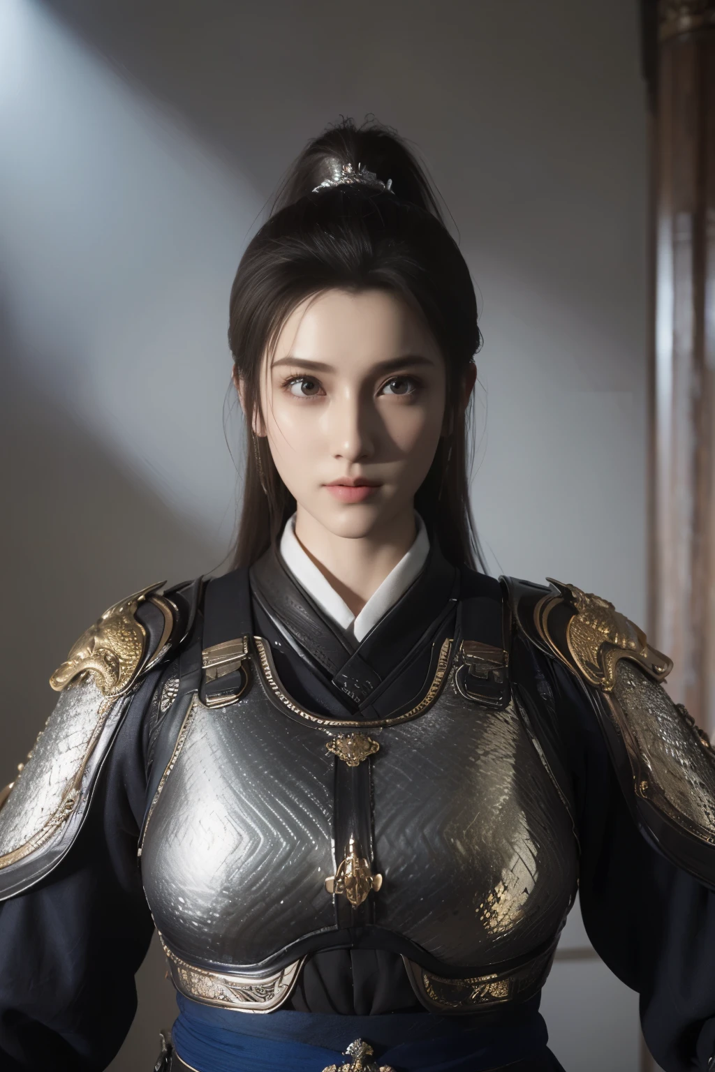 Game art，The best picture quality，Highest resolution，8K，(A bust photograph)，(Portrait)，(Head close-up)，(Rule of thirds)，Unreal Engine 5 rendering works， (The Girl of the Future)，(Female Warrior)， 
15岁少女，(The generals of ancient China)，An eye rich in detail，(Big breasts)，优雅高贵，冷漠，勇敢的，
(Wearing ancient Chinese style armor，Armor of the Tang Dynasty，Costumes are rich in detail，Metallic luster，Silver gray)，中国人物，奇幻风格，
拍照姿势，野外背景，Movie lights，Ray tracing，Game CG，((3D Unreal Engine))，oc渲染反射纹