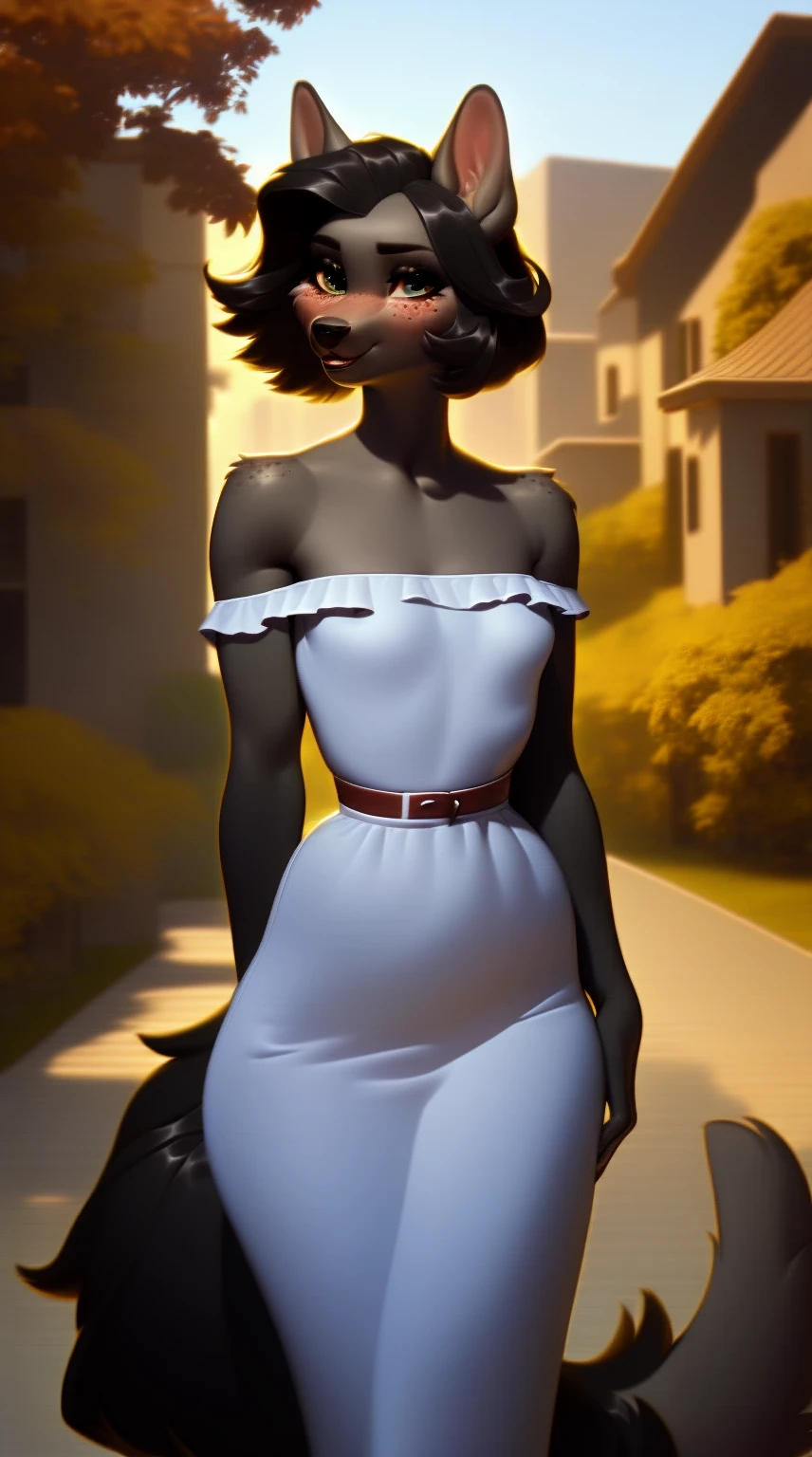 (score_9), (source_ derpibooru_p_95), (canine), ((anthro wolf :1.1)), (shoulderless sun dress), shy, blushing, solo, realistic hair, anatomically correct, flat chest, curvy figure, high res, pink bottom lip, extremely detailed, tween, puppy, absolutely stunning, freckles, hyper realistic, teenager, 