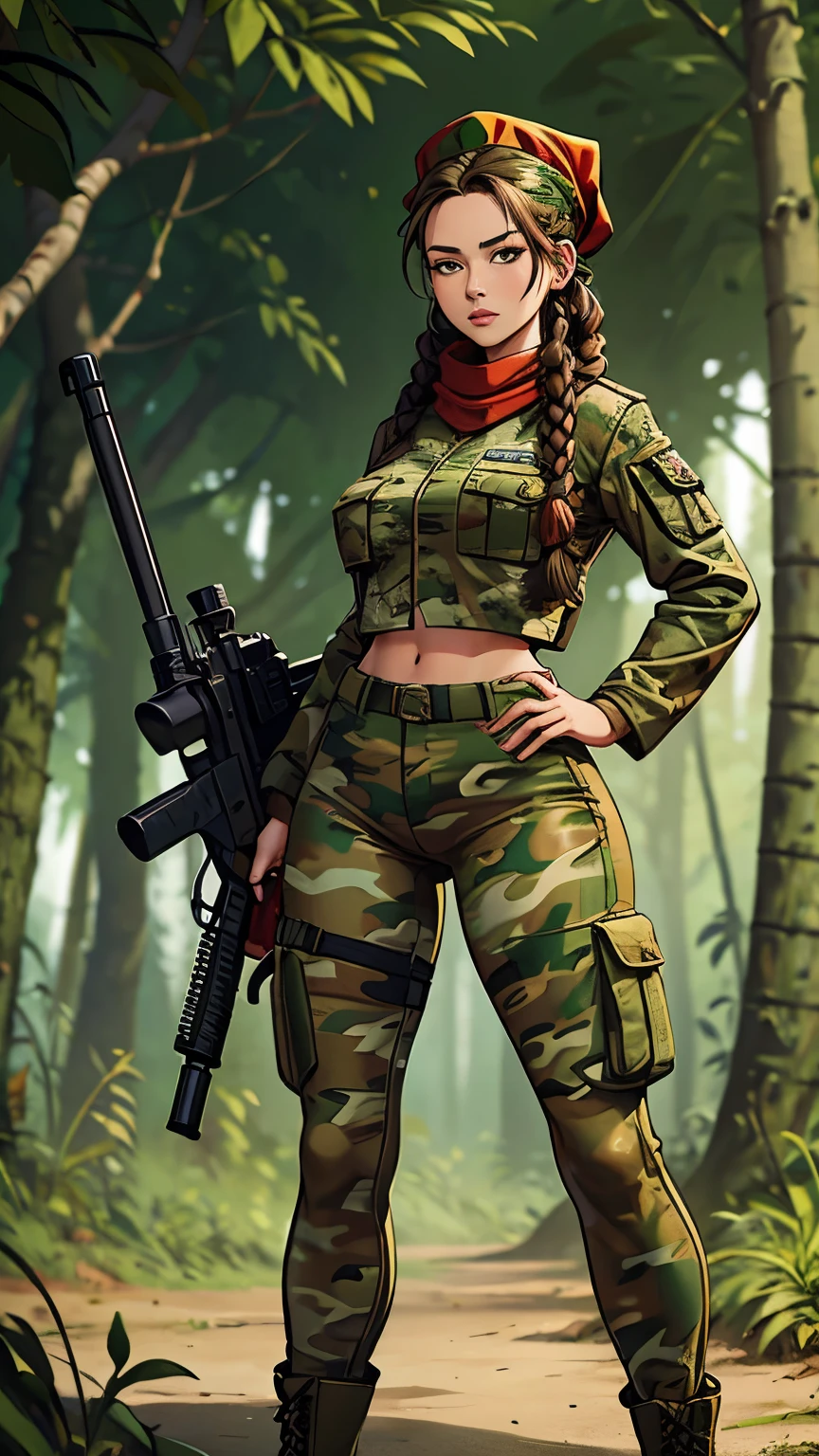 young lady, braided hair, brunette, big hips, wearing shaggy clothing, tight green camouflage pants, wearing green camouflage jacket, wearing red scarf on head, posing lazily, carrying heavy machine gun, full body focus , jungle background at war, high definition.