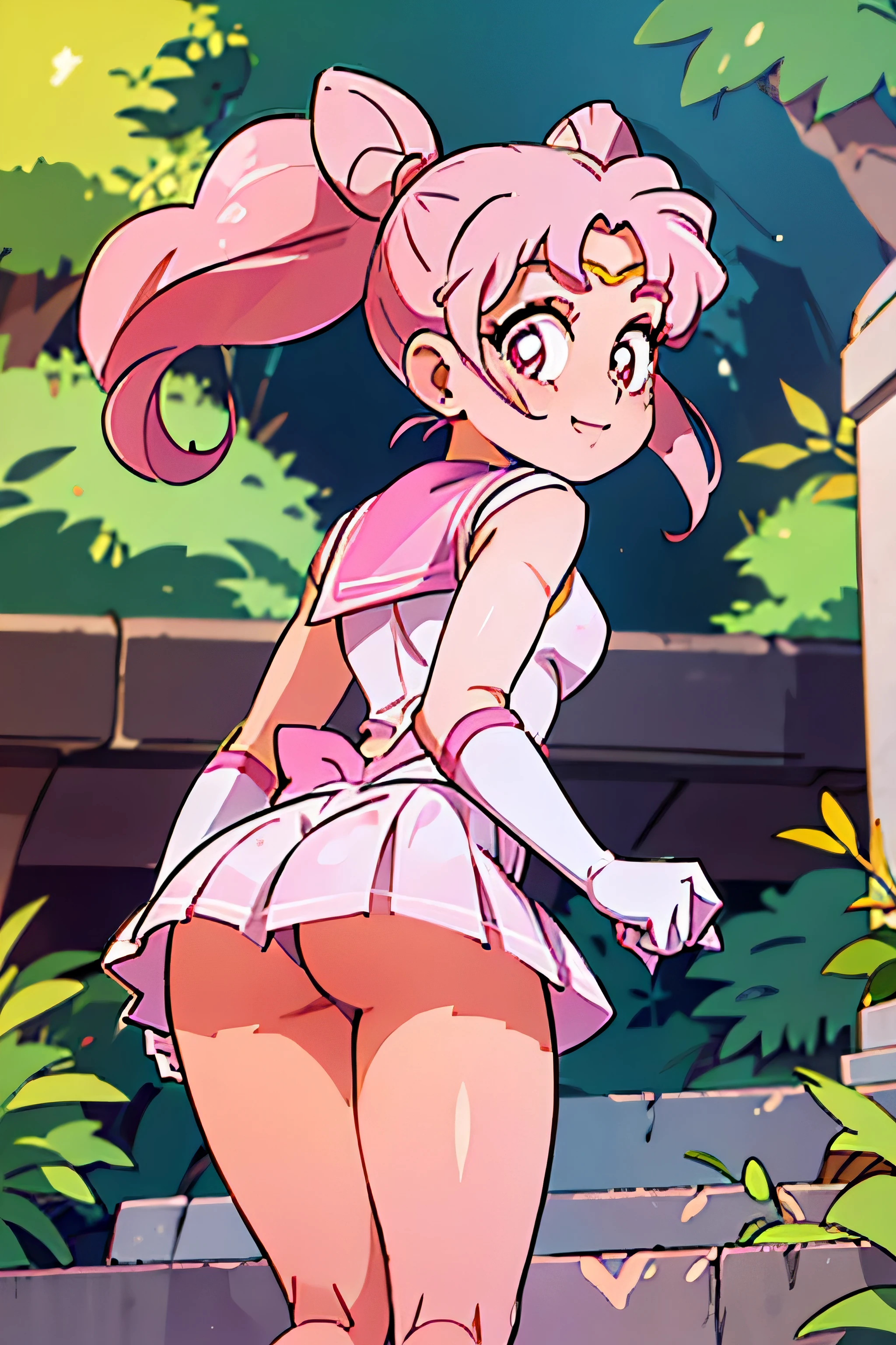 obra maestra, Mejor calidad, absurdos, perfect anatomy, 1 chica, Solo, SMMoon, 1990s \(Estilo\), Sailor Chibi Luna Cabello Rosa, pupilas rosadas ojos, subir las escaleras, de cerca, Sonrisa, tiro de vaquero, Uniforme Sailor Senshi Rosa, Collar marinero rosa, falda plisada rosa, guantes de codo, en postura de espalda, Show off your loot, backward, No hay tanga en un gran trasero, cuerpo completo, aausagi, de cerca booty, PUNTO DE VISTA DE ABAJO A ARRIBA, ( Sin tanga ) big booty, voyeur bajo la falda lengua (twintails hairEstilo)