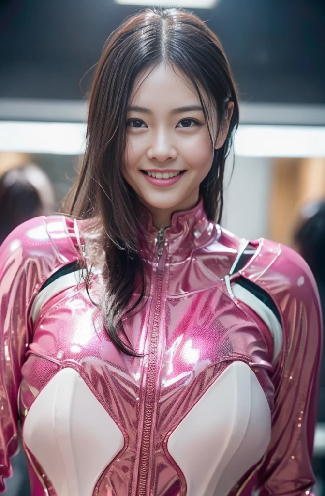 pink power range lemele、Realistic, shiny dark pink and white suit、Power Rangers Bodysuit、professional photograpy、Does not expose the skin, Japanese Models,The skin is not exposed、fleshy body, A smile、Colossal 、A dark-haired、s Office、Sweaty face、Wet hair