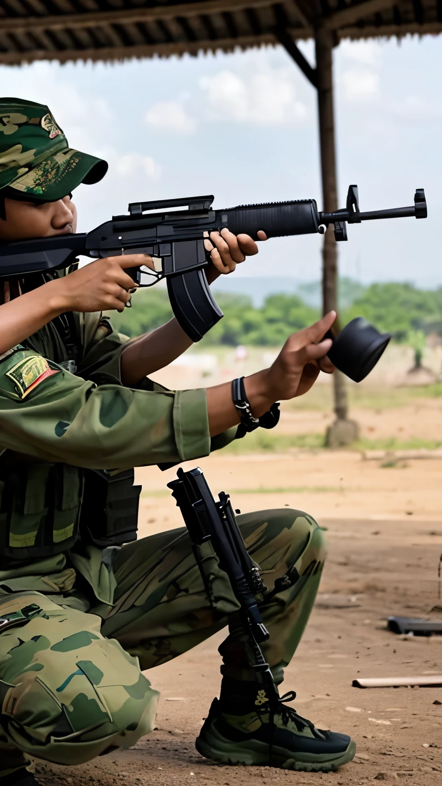 a Malay soldier is shooting using an AK-47 firearm while squatting wearing a green camouflage shirt facing to the right with people fighting in the background
