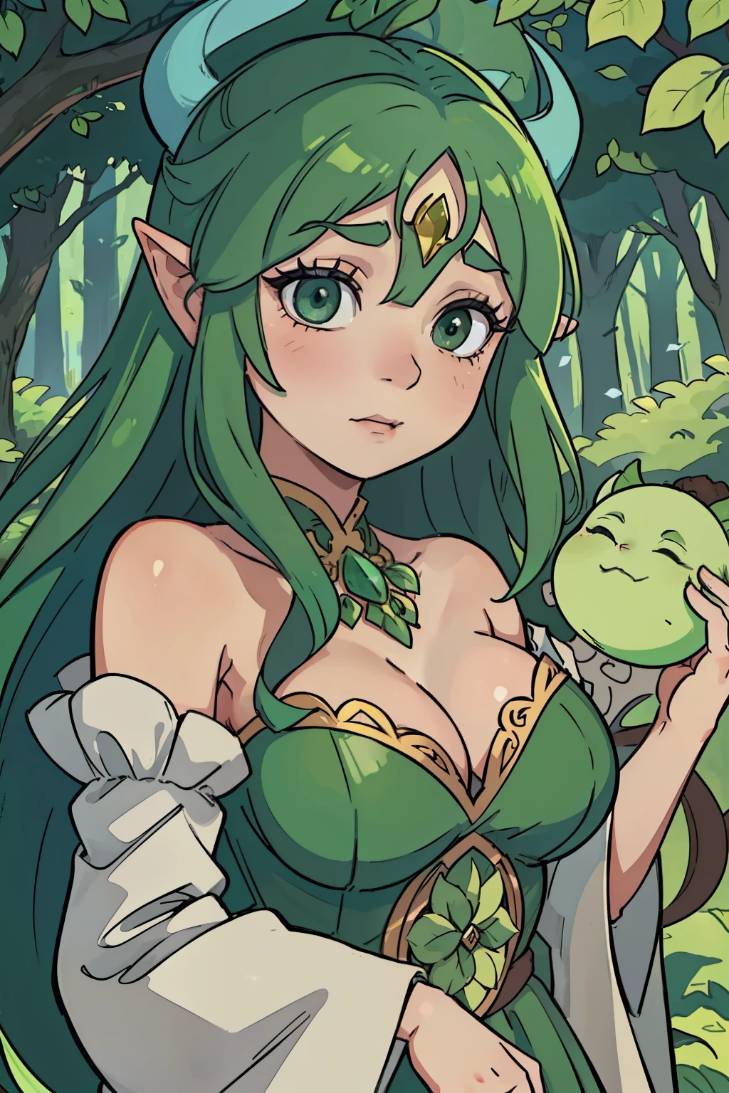 In the heart of a mystical forest, a giant troll woman with emerald green skin and conical horns gracefully emerging from her forehead resides. Her beauty defies the typical image of a troll, as her features are delicate and affectionate. The anime style brings her to life with intricate details, vibrant colors, and expressive emotions. Her eyes gleam with a gentle yet intense light, reflecting her tender nature. Surrounded by lush greenery, the sunlight filters through the trees, casting warm and soft rays upon her. A breathtaking sight to behold, this enchanting troll woman holds an air of tranquility and beauty that captivates all those who