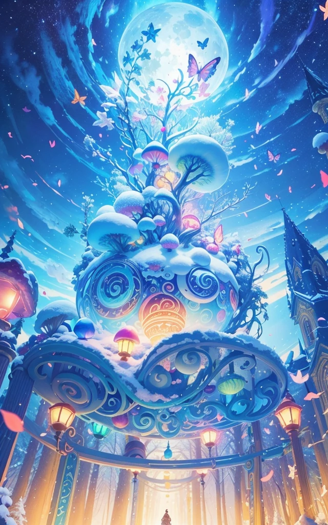 A beautiful magical orb that swirls with magical energy in brightly glowing vivid colors,snow forest and colorfull mushroom,lighting colorfull butterfly,big moon,blue river,Sakura,more followers