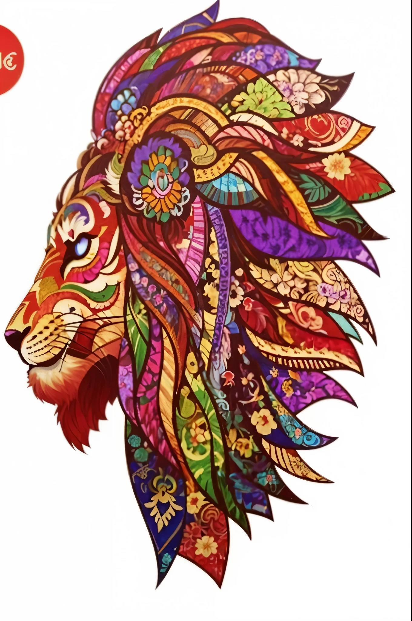 彩色图案lion head图的特写, Highly complex and colorful, Full of color and rich details, rich and colorful!! Very detailed, lion head, Intricate and colorful masterpiece, A colorful and intricate masterpiece, complex artwork, half lion, very complex art, Very detailed且色彩丰富, Very detailed art, complex art, color detail art，Purple、