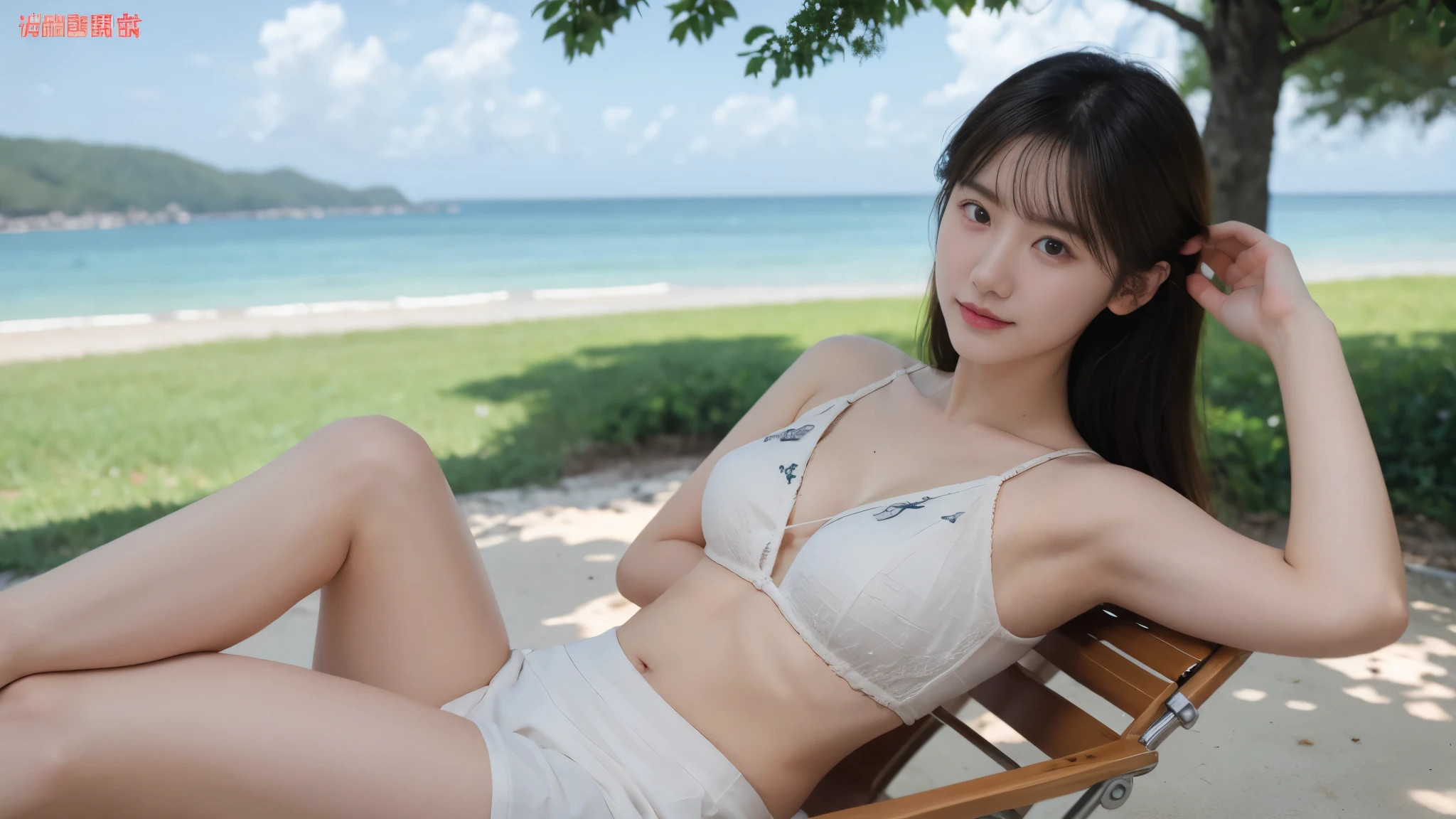 身穿White T-shaped(Super short,looming),White milk patch,White milk patch,,,(Clear 100%),Deep cleavalegs(thin legs,Fair-skinned,tender),HEIGHT 168CM,皮肤Fair-skinned,beach,little cherry mouth,Rest your left hand on your leg,rosy complexion,8k wallpaper,super clear,reality,reality,best quality,19-year-old beauty,Lying on a beach chair,展示自己的Fair-skinnedlong legs,Show your legs,Show your legs,Show your legs,Show your legs,展示long legs(100%),Barefoot,Behind is the sea and blue sky,seagull in sky,Water spirit eyes,White milk patch,White T-shaped