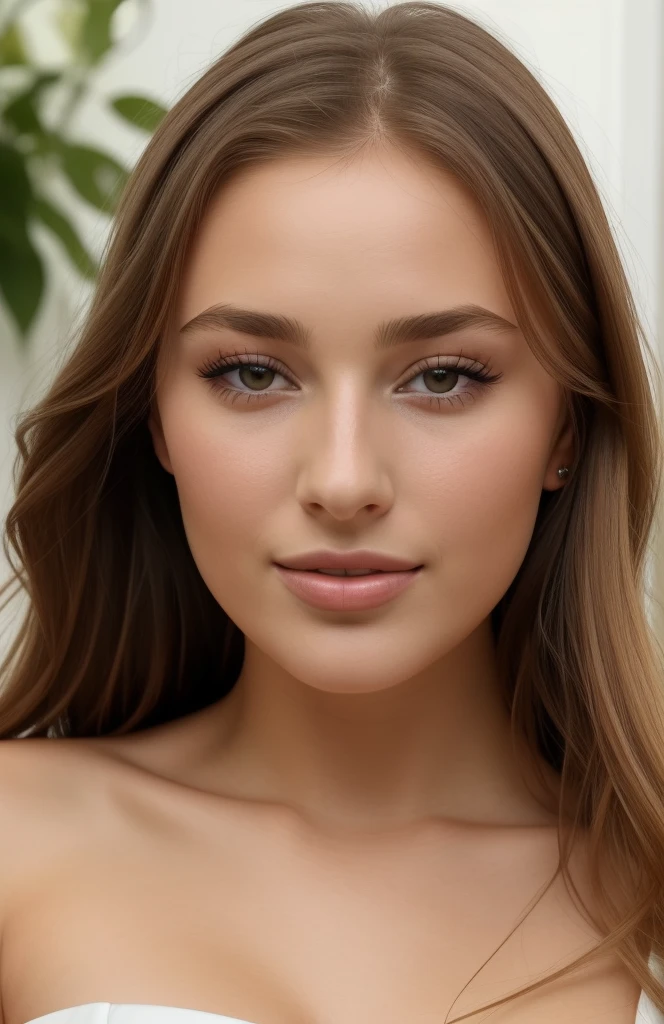 a close up of a woman with a white dress and a plant, portrait sophie mudd, beautiful face and flawless skin, beautiful fine face features, beautiful young face, close-up perfect face, gorgeous young model, smooth facial features, youthful face, gorgeous attractive face, extremely beautiful face, young beautiful face, perfect face ), good looking face, attractive beautiful face
