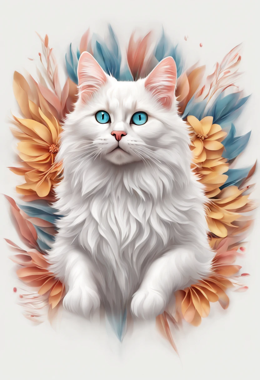 white angora breed cat, 3D watercolor style painting, angora cat with white fur, full size, High resolution、high contrast (realistic:1.5), (RAW photo, 8K UHD,