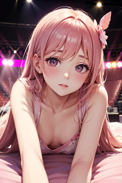 lying down view, soft and attractive, delicate collarbone, oval face, double eyelids, intelligent peach blossom eyes, pink lips, small nose, closed face, singer, stage, lights, neon, musical notes, stars...
