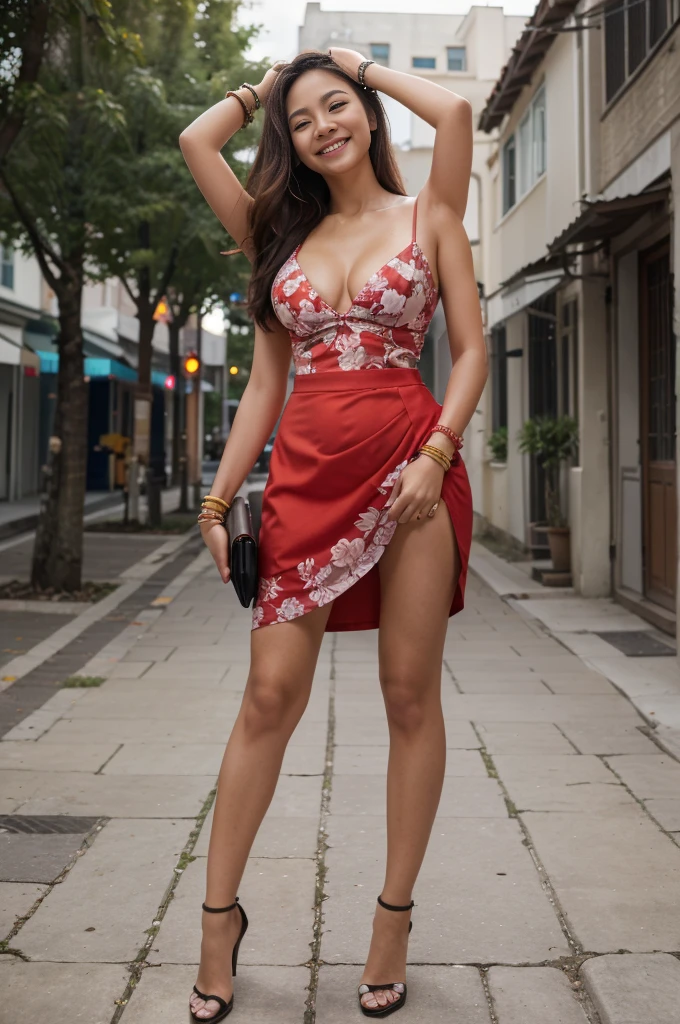 Dslr photo, (8k, 4k, masterpiece),beautiful pretty filipina asian woman, smiling, laughing, sunny, summer, bright, (girly), (feminine), outdoors, street, red spaghetti strap floral skirt, summer dress, long dark hair, bracelets, arm bands, blurry background, (lower hands on hips:1.2), (elbows out), high heels, single foot raised, cute, full subject in frame, full body view, holding purse, front view, (upper hands on head), (four arms:1.2), (extraarms:1.2), cleavage, chest out