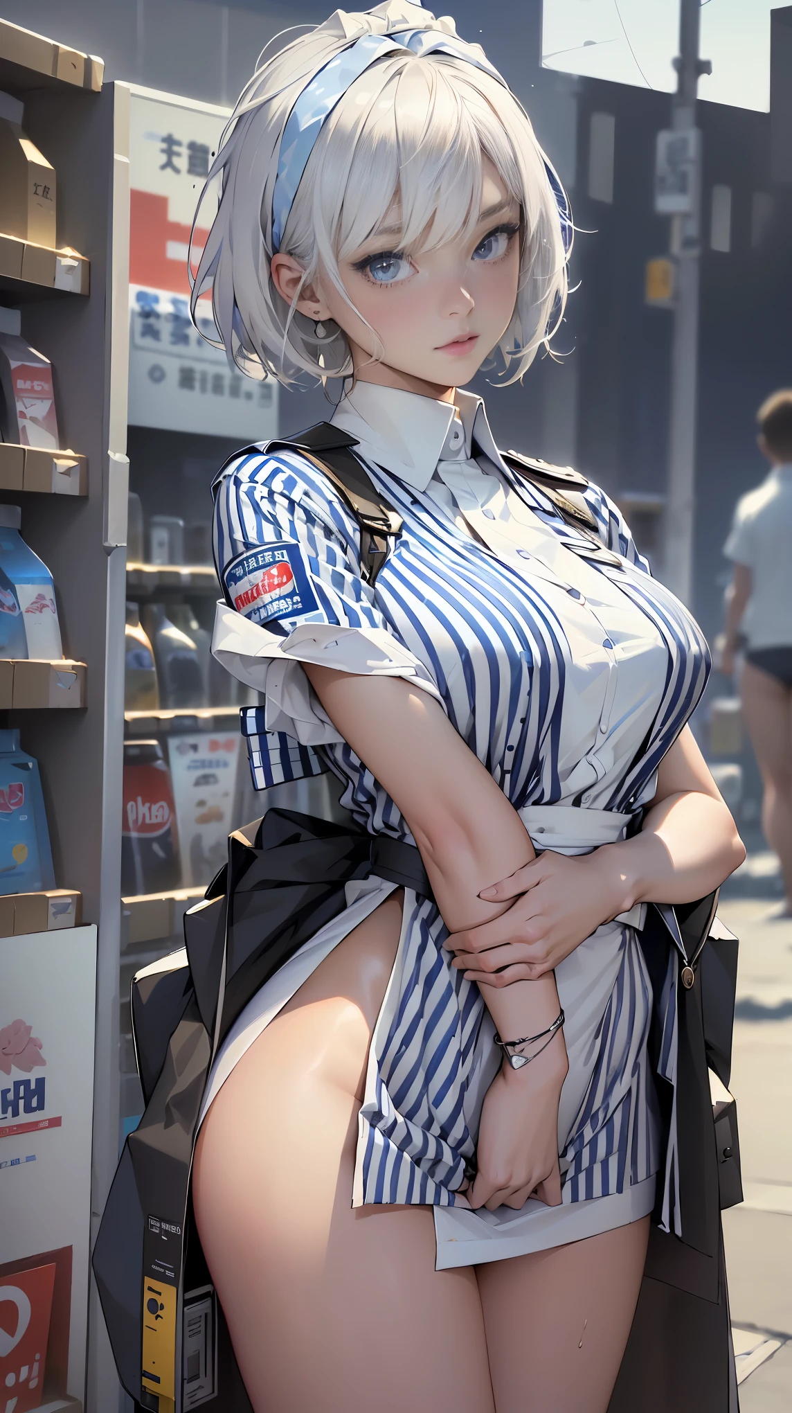 (ultra high res,photorealistic,realistic,best quality,photo-realistic), (8k, raw photo, best quality, masterpiece), technological sense, best quality, masterpiece, illustration,CG ,unity ,wallpaper, official art, Amazing, finely detail, an extremely delicate and beautiful,extremely detailed, highly detailed, sharp focus,rich background,blurry background, (real person,photograph), (((high detailed skin,visible pores))), (Convenience store clerk:1.5),(lowson clerk uniform)( white and blue striped uniform:1.5), blonde, short cut, large breasts, large buttocks, mini skirt,
