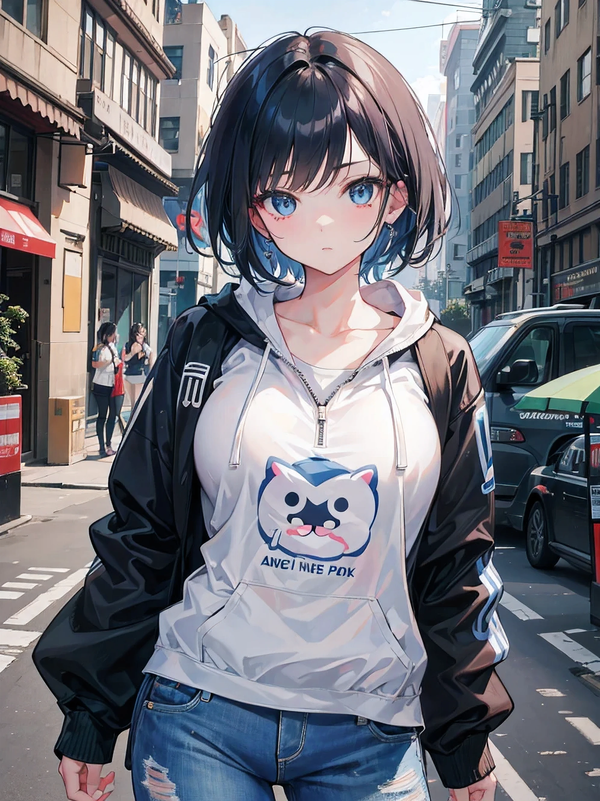 Ultra High quality image ,8kanime image ,full body image , down view point shot the girl giving pose for picture in the road and in background large tall buildings like New York , cute detailed face Anime girl with white tshirt,short denim jeans , wearing a oversized zip open jacket walking through the street . Cold attitude Cute blue eyes ,short black hair with blue colour details , cute detailed face.