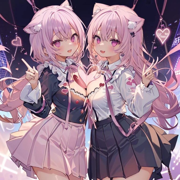 detailed、超detailedな、masterpiece、highest quality、beautiful feces、detailed eye、 (two girls:1.4)、Two succubi、(twins:1.2)、(night:1.2)、short haired、(pink ribbon:1.1)、(two side up)、pink tie、pink bra、earrings、(school uniform.1.1)、suspicious face、light pink hair、(Pink Room)、malicious smile、Bruises and ugly facial features、young features、(:1.2)、long sleeve、(fluffy sleeves fluffy hair、(open your mouth and smile)、Elementary school girl、low length、Chiquita、big breasts、 big 、(Put your hands on your face)、Burikko、Ruffled uniforms、Barrette、(laugh at:1.1)、look down、view from below、Being looked down upon by girls、(view from below:1.2)、super huge boobs、(Pink heart symbol:1.5)、(lump of heart:1.5)、(heart effect:1.5)、(heart mark:1.5)、devil's tail、devil's tail、Succubus、(super huge :1.3)、 big 、(heart tattoo:1.dare、devil's tail、breast matching