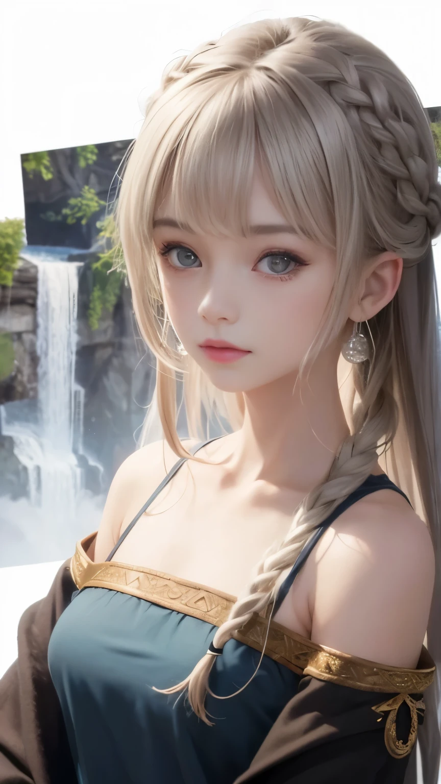 best quality, ultra-detailed, 1girl:1.6, solo,((best quality, high quality, masterpiece, highres)), (masterpiece, best quality) elderly, buoyant, indigenous peoples of the america, dark brown eyes, upswept ears, long nose, chiseled jaw, hollow cheeks, sculpted biceps, nasal septum, silver blonde waterfall braid hair, pity wearing chiffon one-shoulder top
