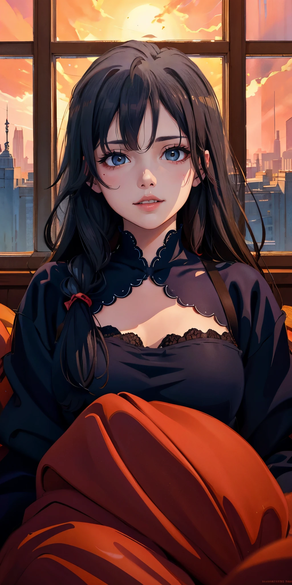 yukinoshita yukino, natomically correct, best quality, masterpiece, high quality, high details, highres, HD, (shaded face:1.2), hollow eyes, grey eyes, looking at viewer, heavy breathing, smirk, upper teeth, black hair, long hair, large breasts, nightgown in bedroom, warm evening atmosphere, light rays peering through window, highly detailed, digital painting, artstation, concept art, smooth, sharp focus, illustration, face by wlop, illustrated by mars ravelo and greg rutkowski

