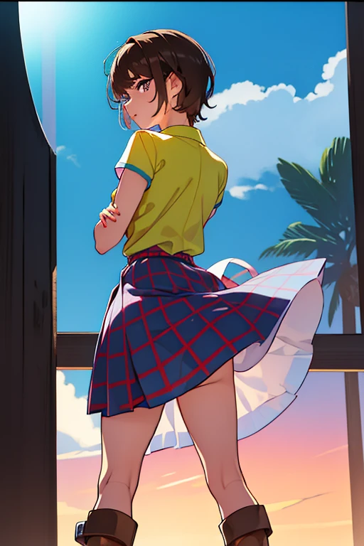 naked,Flipping up a long skirt,((From below)),(((turn around))),Hold the skirt with your hands,Crouch down,Crouch down,Pink Panties