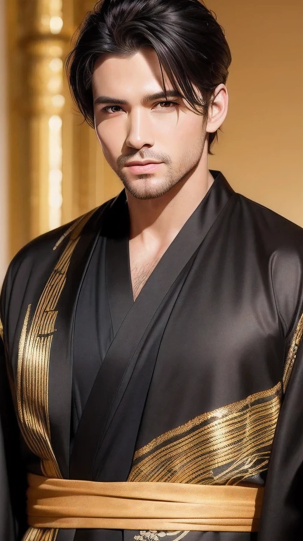 muste piece, best quality, High resolution, photoreaslistic, detailed face, 1 male,Front-facing, ((front viewing)), ((frontal face)), ((face view)), ((front view)), ((body front)), ((frontal body)), upper body whole body, black hair, Handsome guy, shining background, Golden kimono