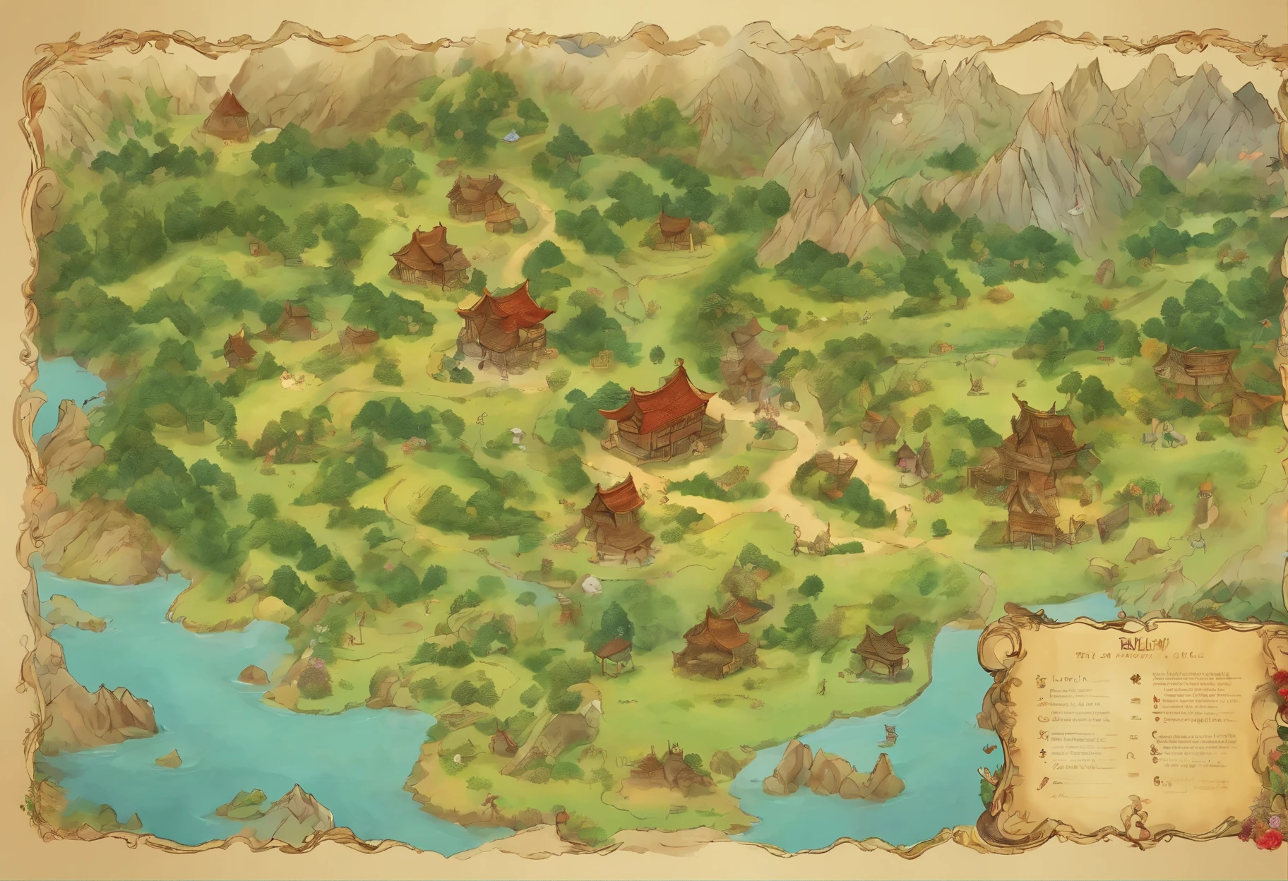 Carte du monde、Map of the other world,chinese style、Carte du Royaume、Prehistoric Adventures、Montagnes et villages、K HD |、meticulous、flat drawing、vue du dessus,