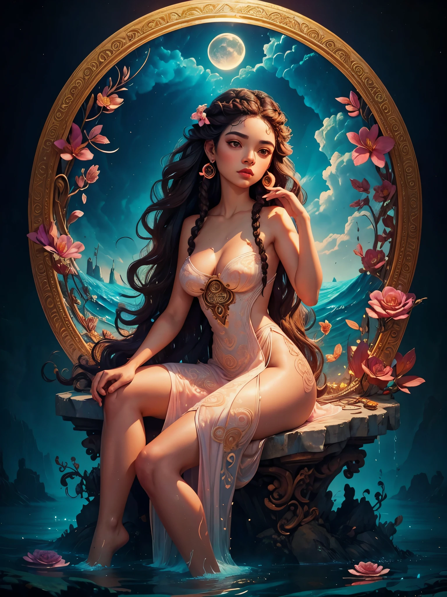 a painting of a woman with long wavy hair, t-shirt with plumeria design, digital art inspired by Cyril Rolando, trends in cg society, digital art fantasy, colorful digital fantasy art, wonderful digital art, beautiful art uhd 4 k, exquisite digital illustration, MASTERPIECE, full body photo, black and brown hair, long afro-style hair, real water, bathing in a river pond, extremely detailed art, blushing, water running down the body, small breasts, legs open, sexual arousal, sexual expression, glowing skin, intricate, elegant and highly detailed digital photography, majestic and surreal painting, golden butterfly filigree, beautiful finely detailed eyes: 1.2), hdr, (masterpiece), best quality, expressive eyes looking out of the corner of the eye, perfect face, portrait of a beautiful goddess with afro hair, long hair in braids and afro, latin brown skin, intricate digital photography, elegant, highly detailed,(detailed background window to a new dimension, plants and flowers: 0.7) night sky with full moon, highly detailed face and body, cinematic lighting, photorealistic, 1 girl, 18 years old, dark brown eyes, big eyes, pink lips, bald pussy, well lit, beautiful and aesthetic: 1.2), (fractal art: 1.3), colorful, beautiful goddess emerging from the ocean, full female body, wild waves, big waves, oriental mandala tattoos, transparent dresses merged into the sea, stormy sky, sunset sky, storm clouds red, ancient temple floating in the sea, old floating clock, lamp, lantern, beautiful girl with a slight smile, forest, flowers and roses, visible vagina, no panties, ((sitting on a marble pedestal)), front view, magic, Lord of the Rings world, waterfall, mandala and flower tattoos on naked body, toes submerged in water, mostly cloudy sky (highly detailed CG unity 8K wallpaper), exposed breasts, nudes,, naked body,Chel, a painting of a woman with long wavy hair