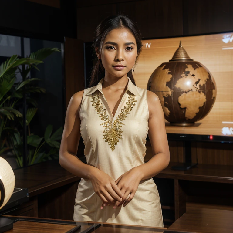 elegant balinese traditional style tv news caster, in the tv studio, hands folded on the desk, earth background screen, look at the camera, formal, high res, ultrasharp, 8K, masterpiece