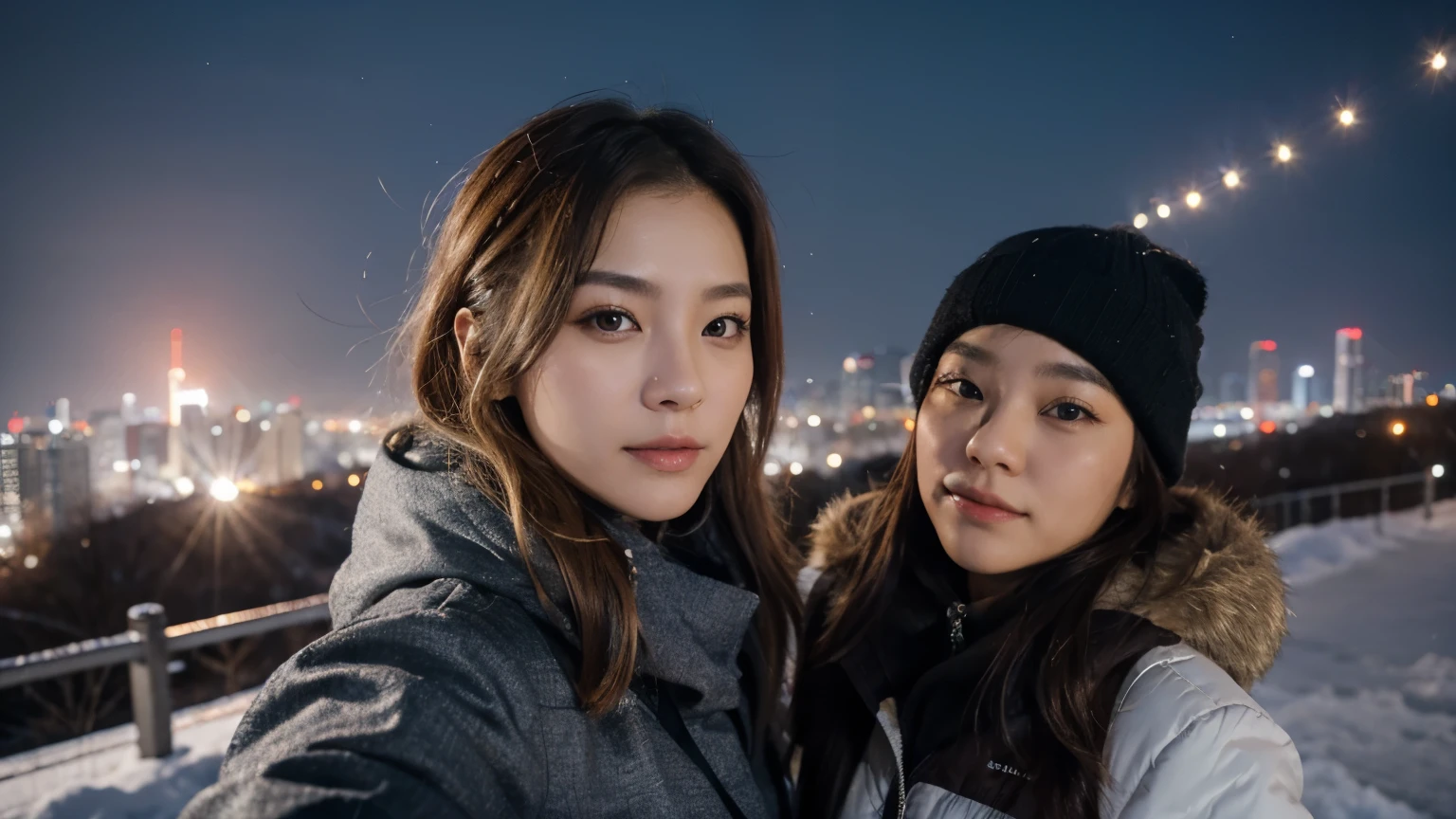 korean woman,break,short blonde hair with coloured locks,winter wear,boots,Visit Namsan Seoul Tower city,selfie shot with friends,ultra detailed,clear focus