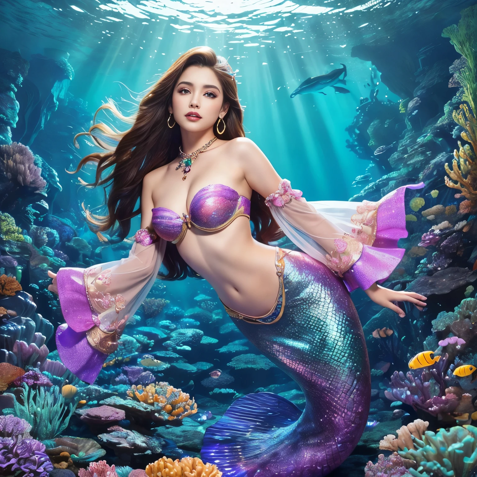 (highest quality、table top、8K、best image quality、hyper realism)、(Little mermaid in the most luxurious and majestic costume:1.1)、(Luxurious transparent sleeve:1.1)、(Mermaid goddess swimming in the beautiful rocky area of the deep sea.:1.2)、(Extremely complex and detailed ocean depictions:1.1)、(There are many beautiful small tropical fish and corals in the sea.........:1.1)、(The most luxurious and gorgeous underwater temple:1.3)、(Mysterious and most gorgeous giant Atlantis:1.3)、(Detailed depiction of the beautiful ocean:1.1)、(Unimaginably beautiful and mysterious underwater depictions:1.1)、(Sparkling pink and purple、Realistic scales that shine in every detail:1.2)、(Mermaid goddess swimming in the beautiful rocky area of the deep sea 上半身写真:1.1)、(Accurate mermaid tail and beautiful fins)、Beautiful sea that shines intricately、Clear and detailed background,、accurate anatomy、(The most luxurious and finest jewelry decoration throughout the body:1.1)、golden decoration、the most gorgeous goddess sleeves、the most luxurious decoration、large amount of intricate gemstones、beautiful brown hair、Highly detailed pink and purple scales、(最も贅沢でhighest qualityの巨大ティアラ:1.1)、(that'that'that'It's very vivid, Fantastic and mysterious:1.2)、(最も贅沢でhighest qualityのジャイアントネックレス)、Beautiful purple and pink tail of a mermaid、perfect makeup、the best smile when you look at me