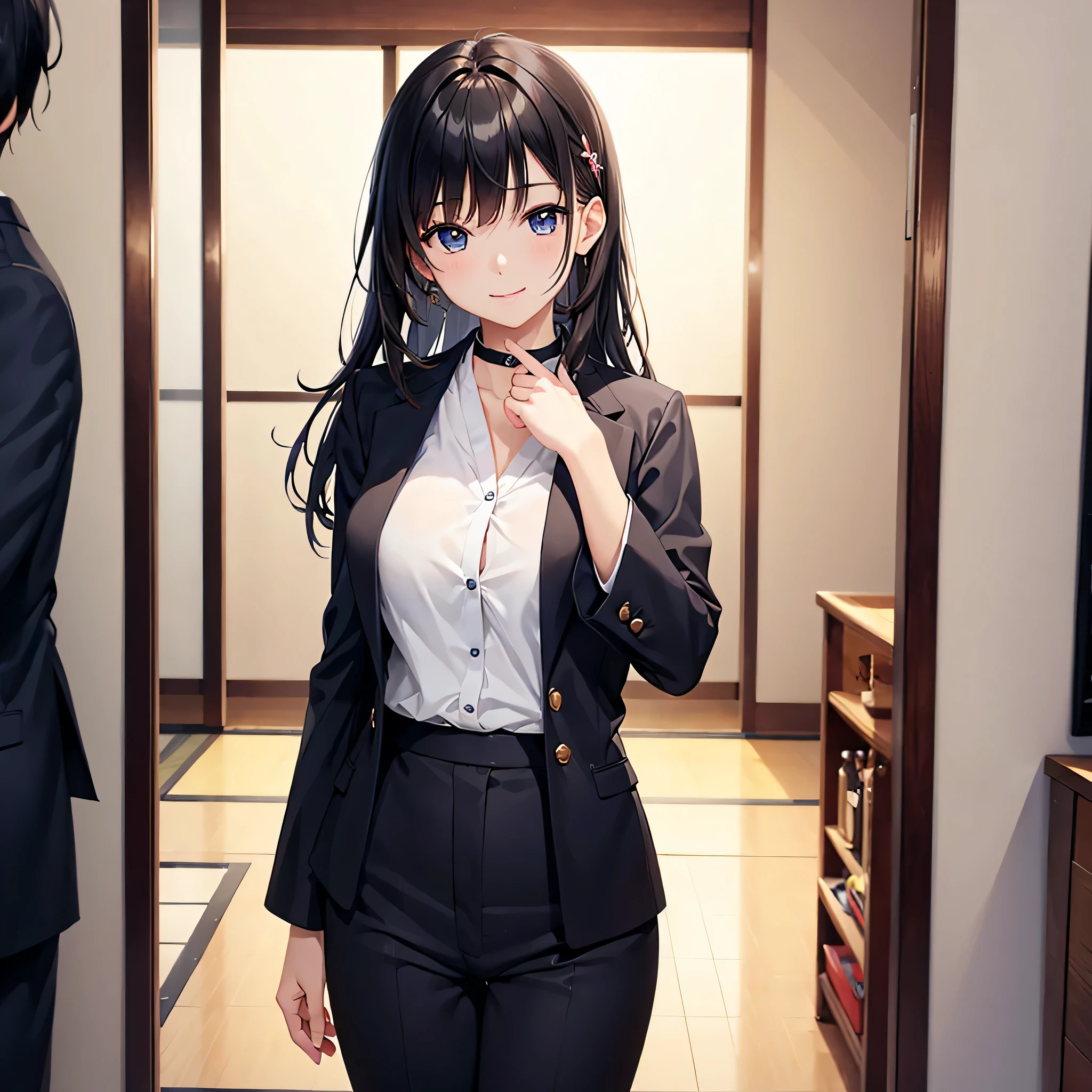 One super beautiful woman、((highest quality、8K masterpiece:1.3))、sharp focus:1.2、(super beautiful face:1.0)、(shiny skin:1.0)、realistic pictures、black hair、video writing、High resolution eyes and face、The front side of the middle breasts of Japanese idol actresses、shy smile、The beauty of slender abs、whole body、wearing a suit、、wearing a kimono、luxury obi、At work