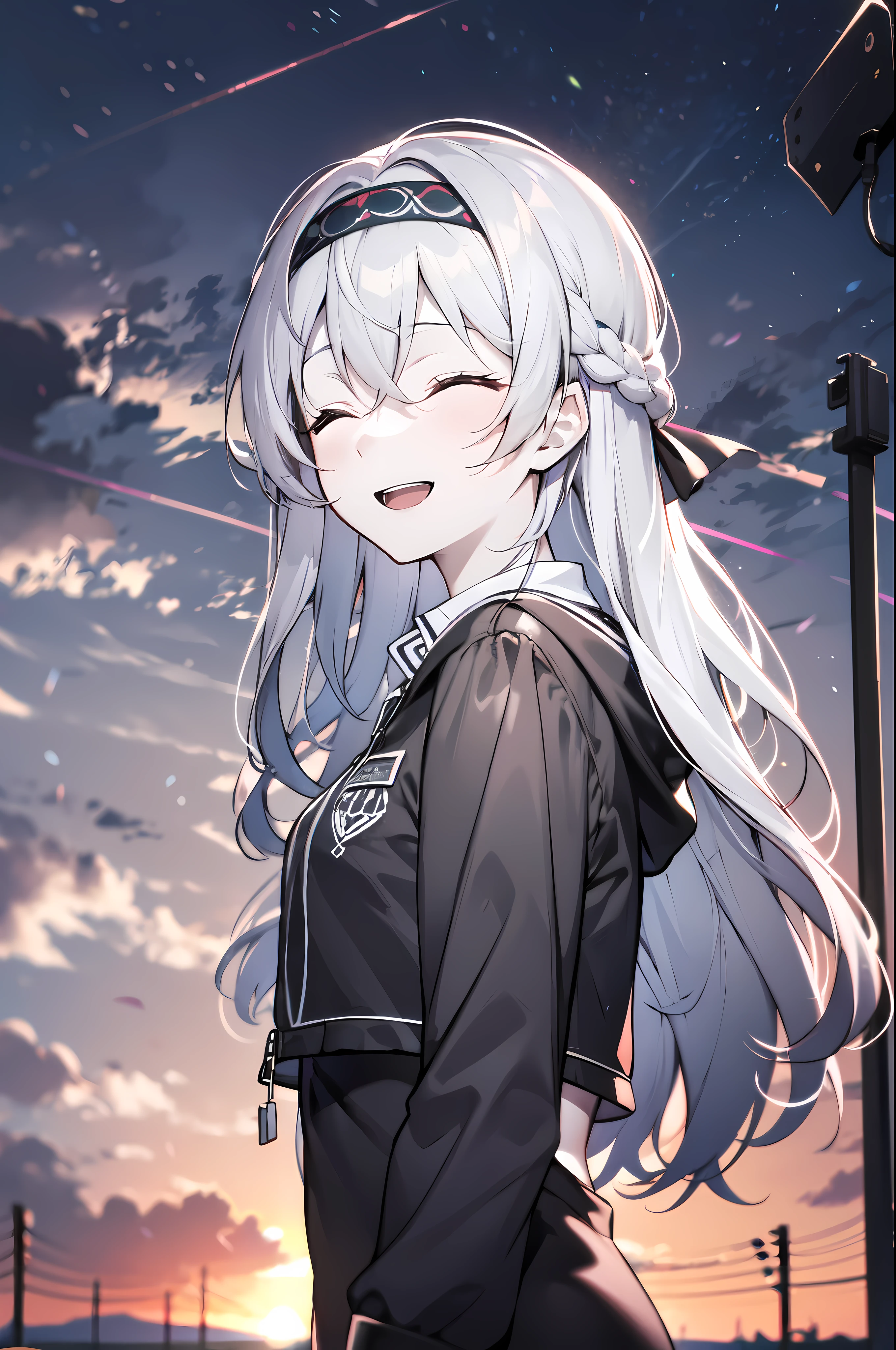 detailed, (masterpiece:1.2), (pale_skin:1.2), (solo:1.2), (female), slender, (gray hair), outdoors, sky, long hair, smile, open mouth, bangs, long sleeves, hair between eyes, closed eyes, upper body, headtilt, grey hair, hairband, headband