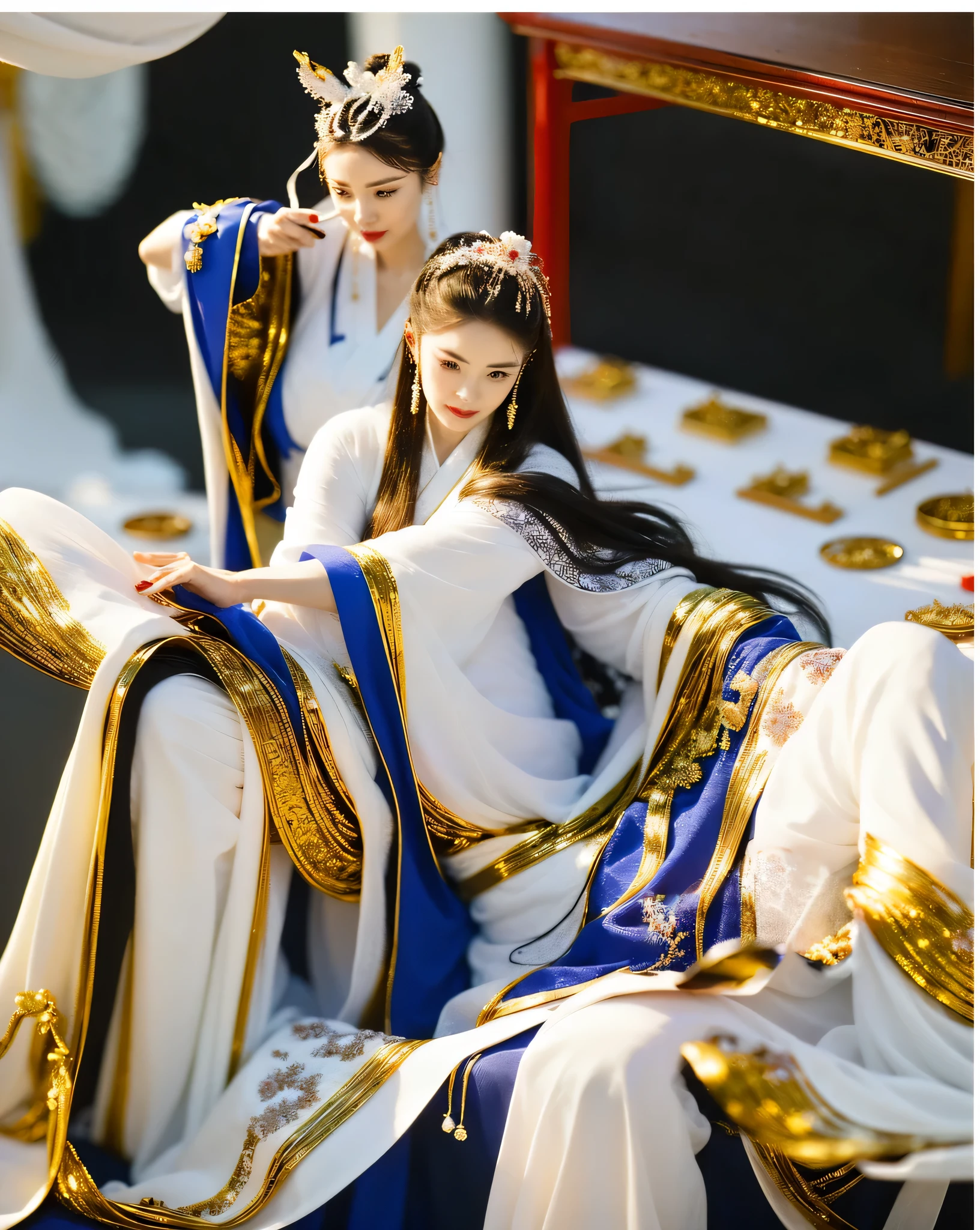 A woman wearing a white robe and another woman wearing a white dress are the main subjects of the artwork. The women are wearing traditional Chinese clothes, Especially Hanfu, Known for its elegance and elegance. The woman in white robe represents the Queen of China, The woman wearing a white skirt represents a noble lady. Both are inspired by the beauty of Empress Dowager Cixi, Powerful figures in Chinese history.

The artwork is deeply influenced by traditional Chinese art and photography. The composition and style are inspired by the works of the famous Chinese painter Qiu Ying. Intricate details and delicate brushwork aim to capture the essence of Chinese tradition and culture.

The color palette is rich and vibrant, Emphasis on traditional Chinese colors，For example, red, Kaneko, and blue. These colors symbolize prosperity, fortune, and the nobility in Chinese culture. Use of soft furnishings, Warm lighting creates a warm and inviting atmosphere, Highlight women&#39;s beauty and elegance.

Ensure the highest quality and authenticity of the artwork, it should be described as "(best quality, 4K, 8k, high resolution, masterpiece:1.2), Super detailed, (actual, photoactual, photo-actual:1.37)". Details and authenticity should be emphasized, Demonstrate artist&#39;s skill and professionalism.

comprehensive, Prompts should be concise and descriptive, Capture the essence of a scene，while incorporating the required details.